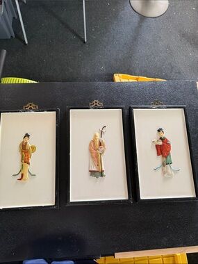 Antique Asian Wall Art Panel Set - Cream Background with Multicolor Figures